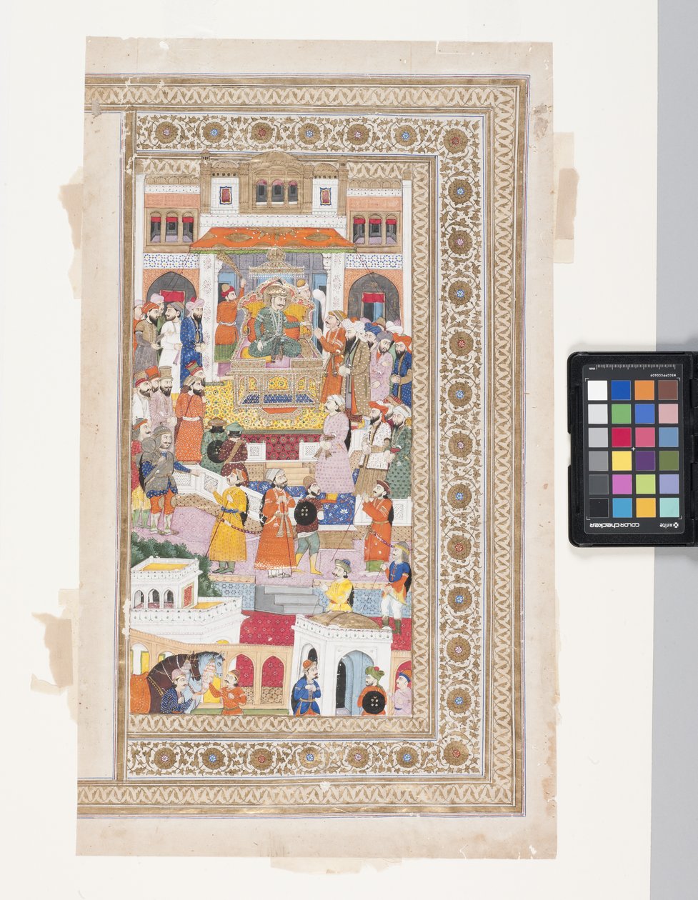 Raja com Courtiers (caneta, tinta, guache e folha de ouro em pergaminho) de Indian School