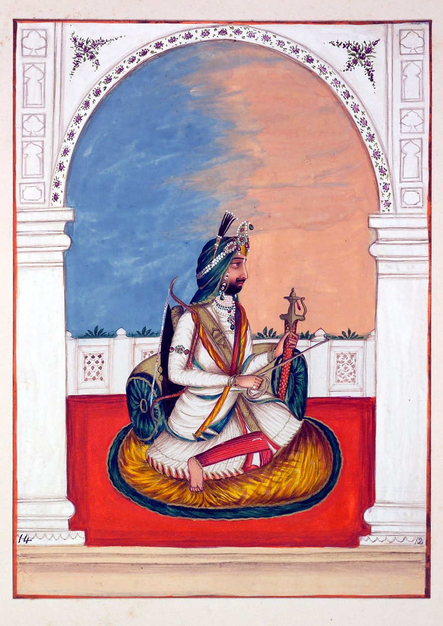 Rajah Hira Singh, do Reino do Punjab, seus governantes e chefes, volume I, um volume de 27 estudos em aquarela de um artista indiano não identificado, c. 1840 (wc no papel) de Indian School
