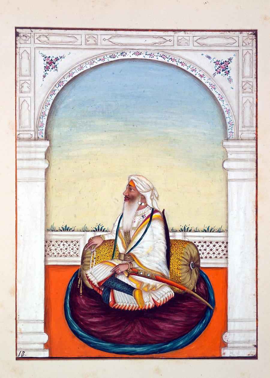 Rajah Iej Singh, de O Reino do Punjab, seus Governantes e Chefes, volume I, um volume de 27 estudos em aquarela de um artista indiano não identificado, c.1840 (wc on paper) de Indian School