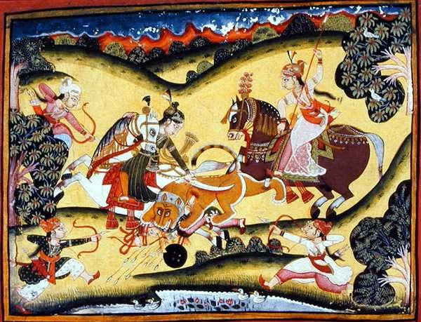 Rajput Princesas Matando um Leão, Escola Bundi, c.1810-20 (gouache no papel) de Indian School