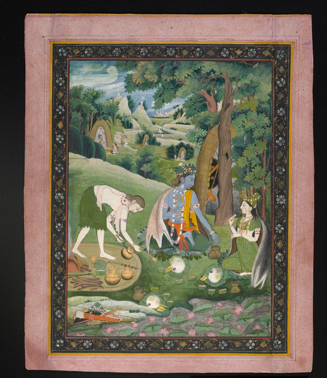 Rama, Lakshmana e Sita Cozinhando e Comendo no Deserto, c.1820 (guache com ouro sobre papel) de Indian School