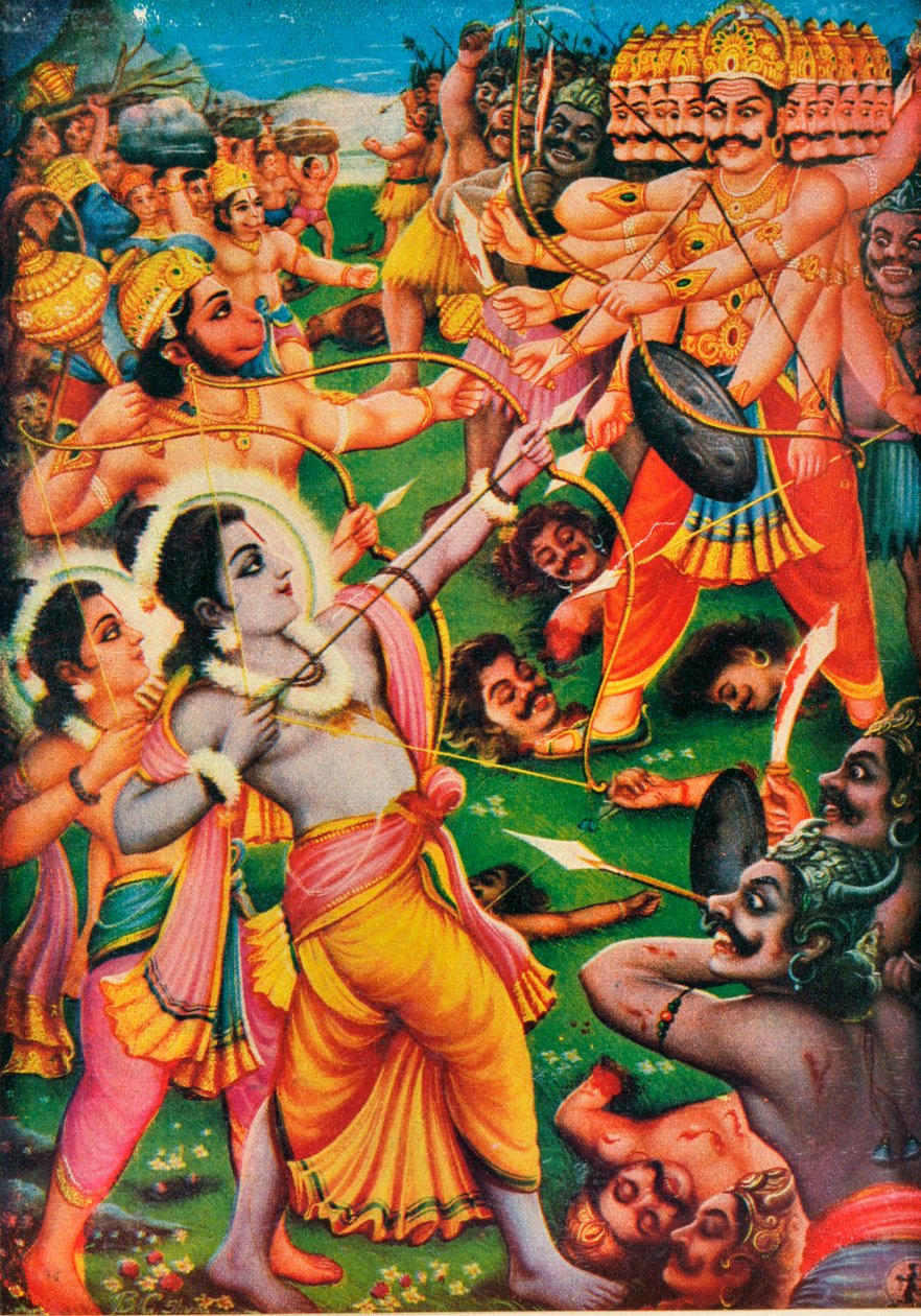 Rama e Hanuman lutando contra Ravana o demônio, cena do Ramayana de Indian School