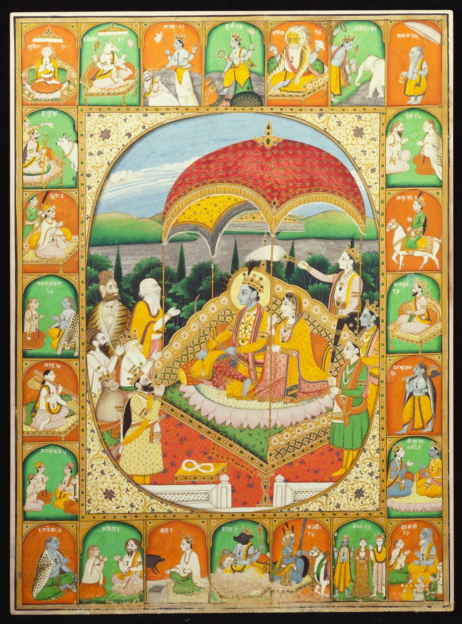 Rama e Sita Entronizado, adorado por Shiva, Hanuman e outros, 1800-20 de Indian School