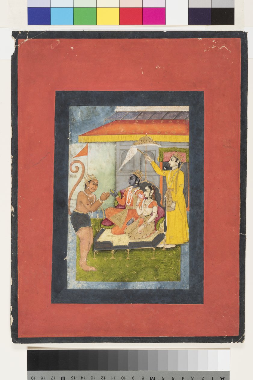 Rama e Sita entronizados, adorados por Hanuman; Lakshmana detém um morchal, c.1780 (wc opaca e ouro no papel) de Indian School