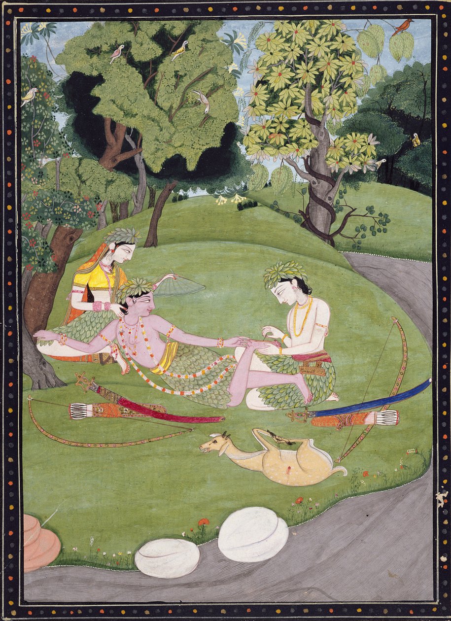 Rama reclinado contra Sita, enquanto seu irmão Laksman tira um espinho de seu pé, 1845 (guache, tinta e ouro no papel) de Indian School