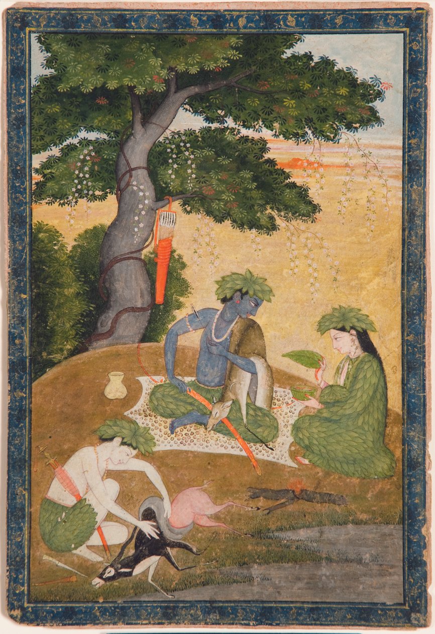 Rama, com Sita e Lakshmana na floresta, do Ramayana, c.1790 (wc opaca e ouro no papel) de Indian School