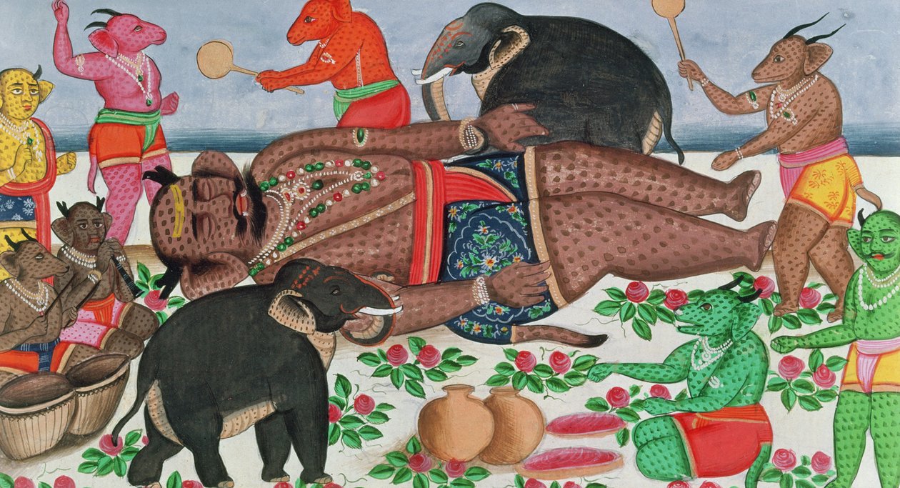 Cena Ramayana: um grupo de demônios despertando seu príncipe em hibernação (guache e wc no papel) de Indian School