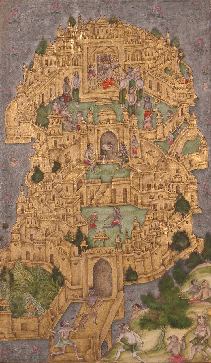 Ravanas cidadela dourada em Lanka, c.1610 (wc opaca e ouro em papel) de Indian School