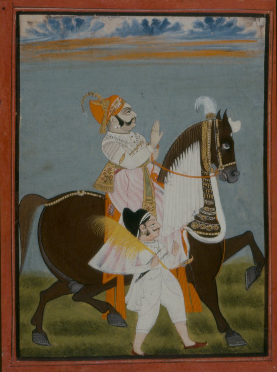 Rawat Bhim Singh do Salumbar montando Nur, 1820 de Indian School