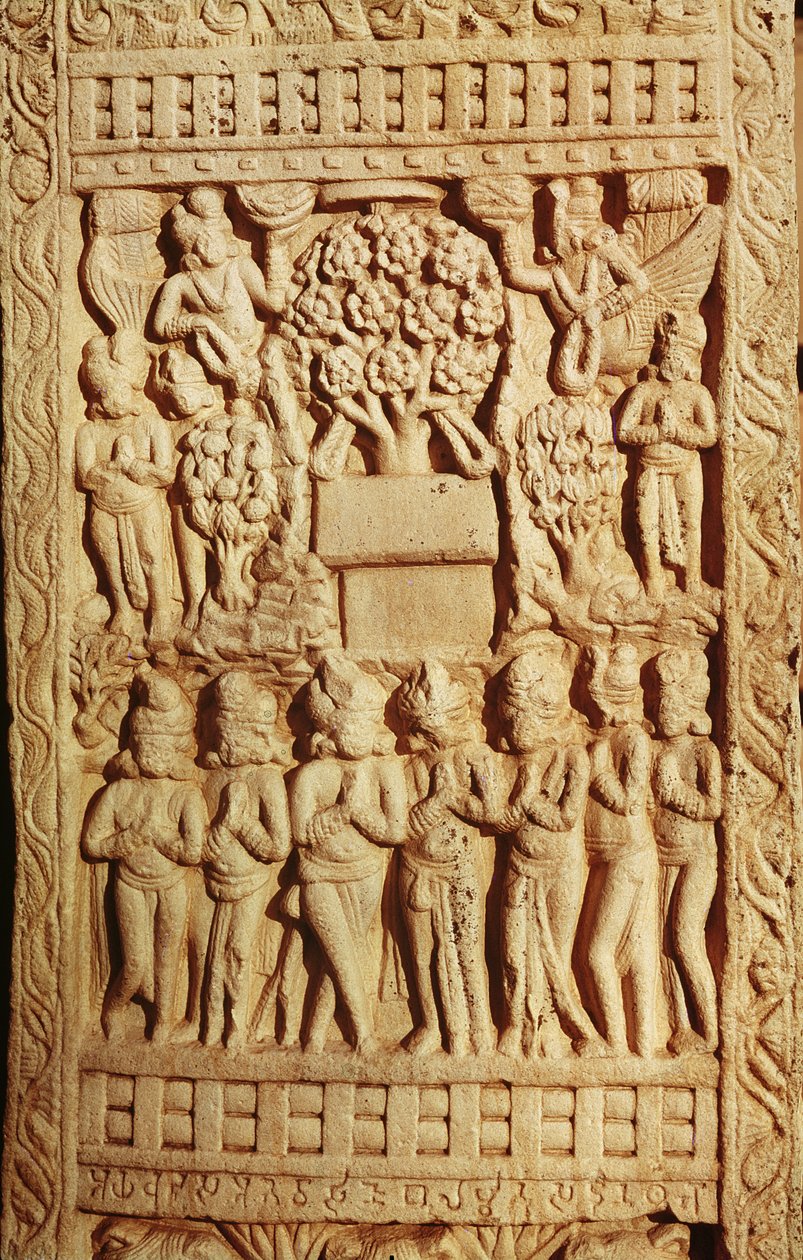Relevo retratando a adoração de Buda representada por uma árvore, Período Maurya, Dinastia Sunga (180-72 aC) de Indian School