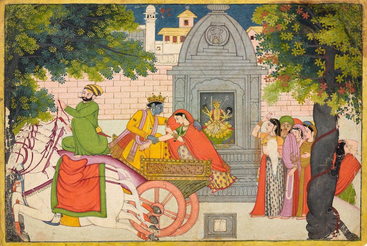 Rukmini foge com Krishna, fólio de um Bhagavata Purana, c.1780 de Indian School