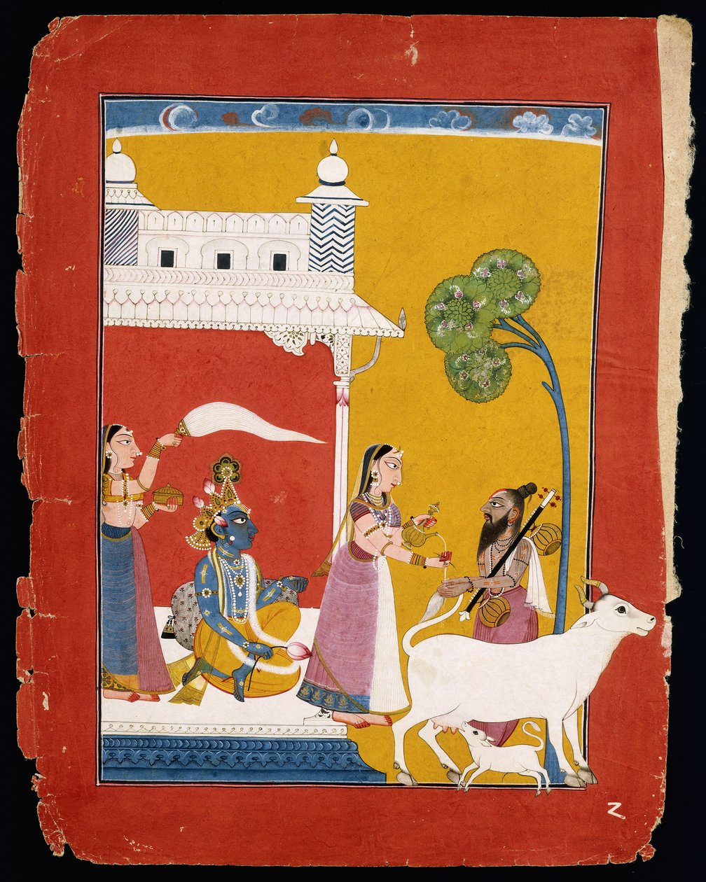 Rukmini oferece água ao sábio Narada, enquanto Krishna está em sua casa, c.1725-1730 de Indian School