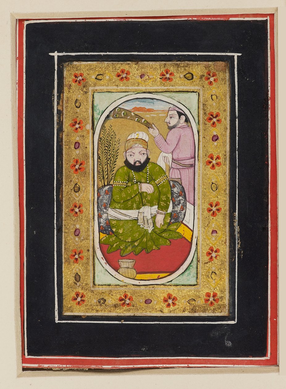 Regente envergando um jama verde acompanhado por um portador de morchal, 2ª metade do século XVIII (guache sobre cartão) de Indian School