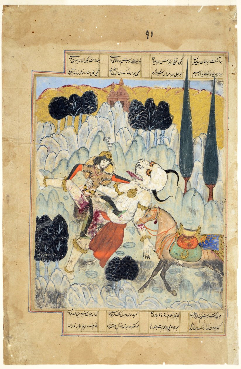 Rustam combate um div, ou demônio, c.1620 (wc opaco no papel) de Indian School