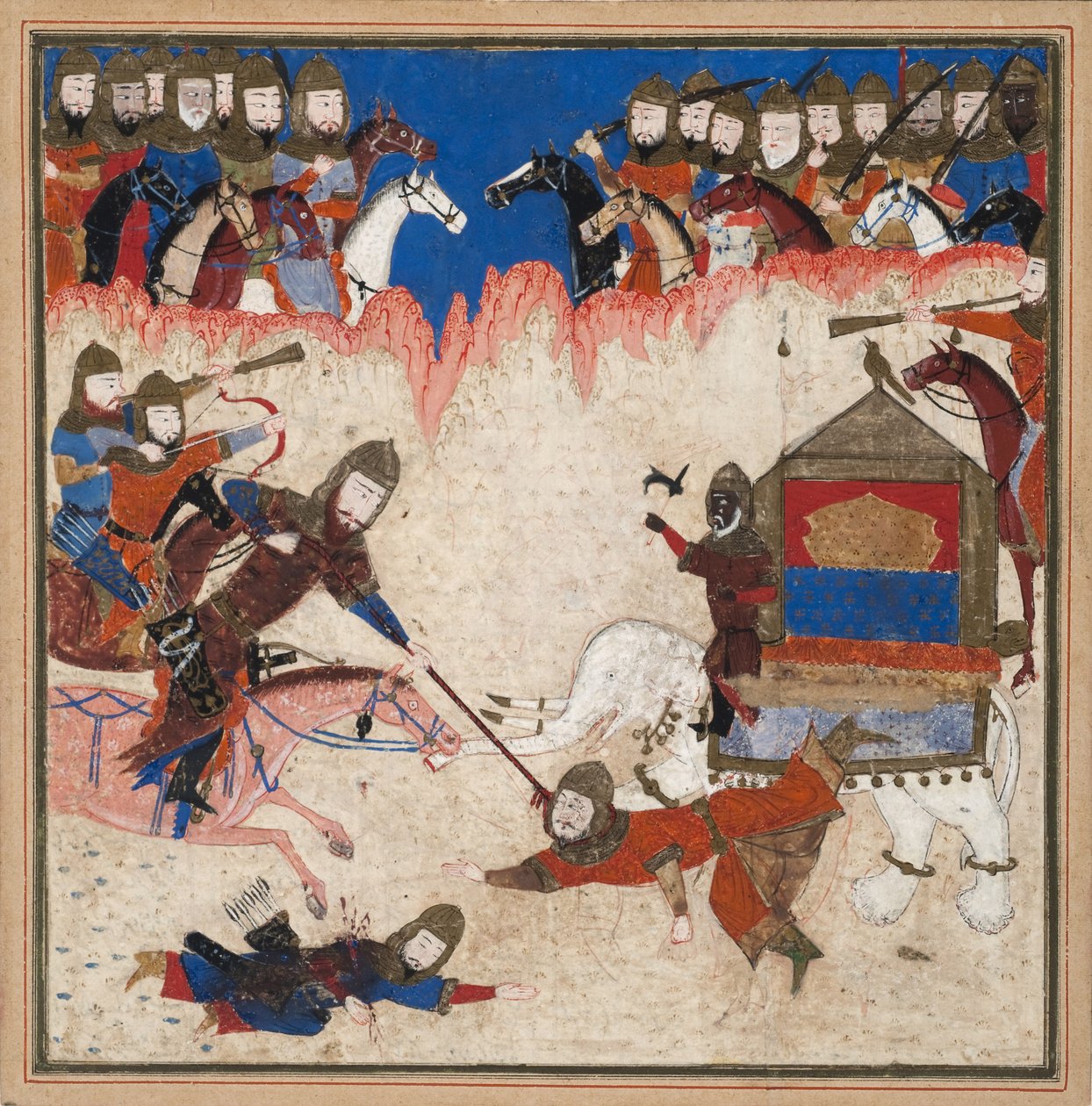 Rustam lassos o Khaqan da China e puxa-o de seu elefante, c.1450 (wc opaco e ouro sobre papel) de Indian School