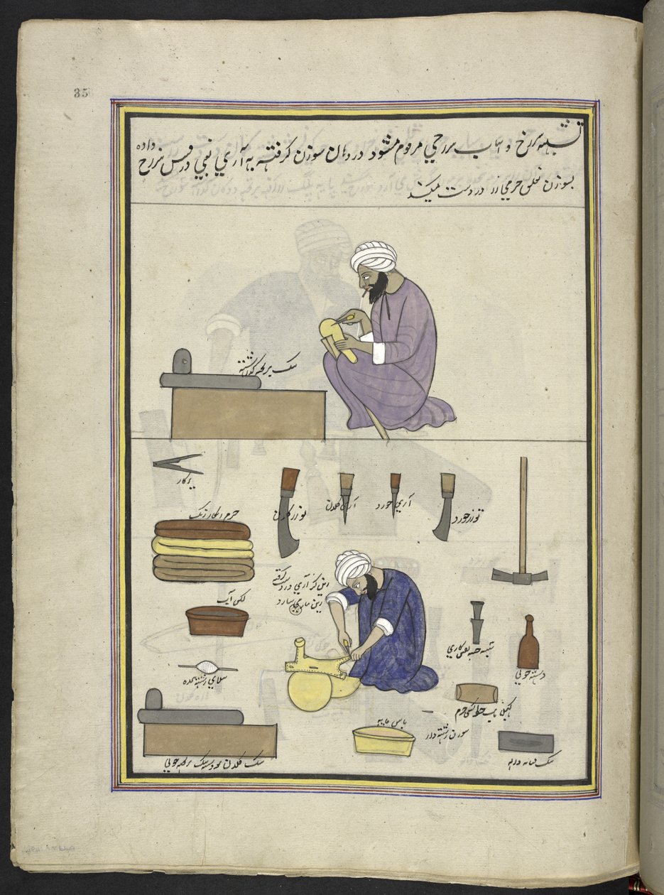 Seleiros,  86 desenhos encadernados em um volume representando ofícios e ocupações na Caxemira, artesãos são mostrados trabalhando com seus implementos e equipamentos,  Por um artista da Caxemira, provavelmente em Srinagar, c.1850-60 (guache sobre papel) de Indian School