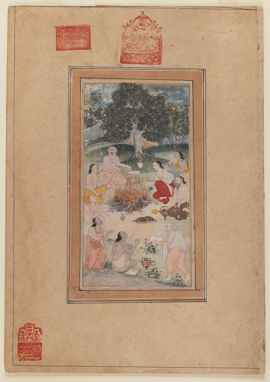 Sadhus reunidos em torno de um incêndio, c.1600 (wc no papel) de Indian School