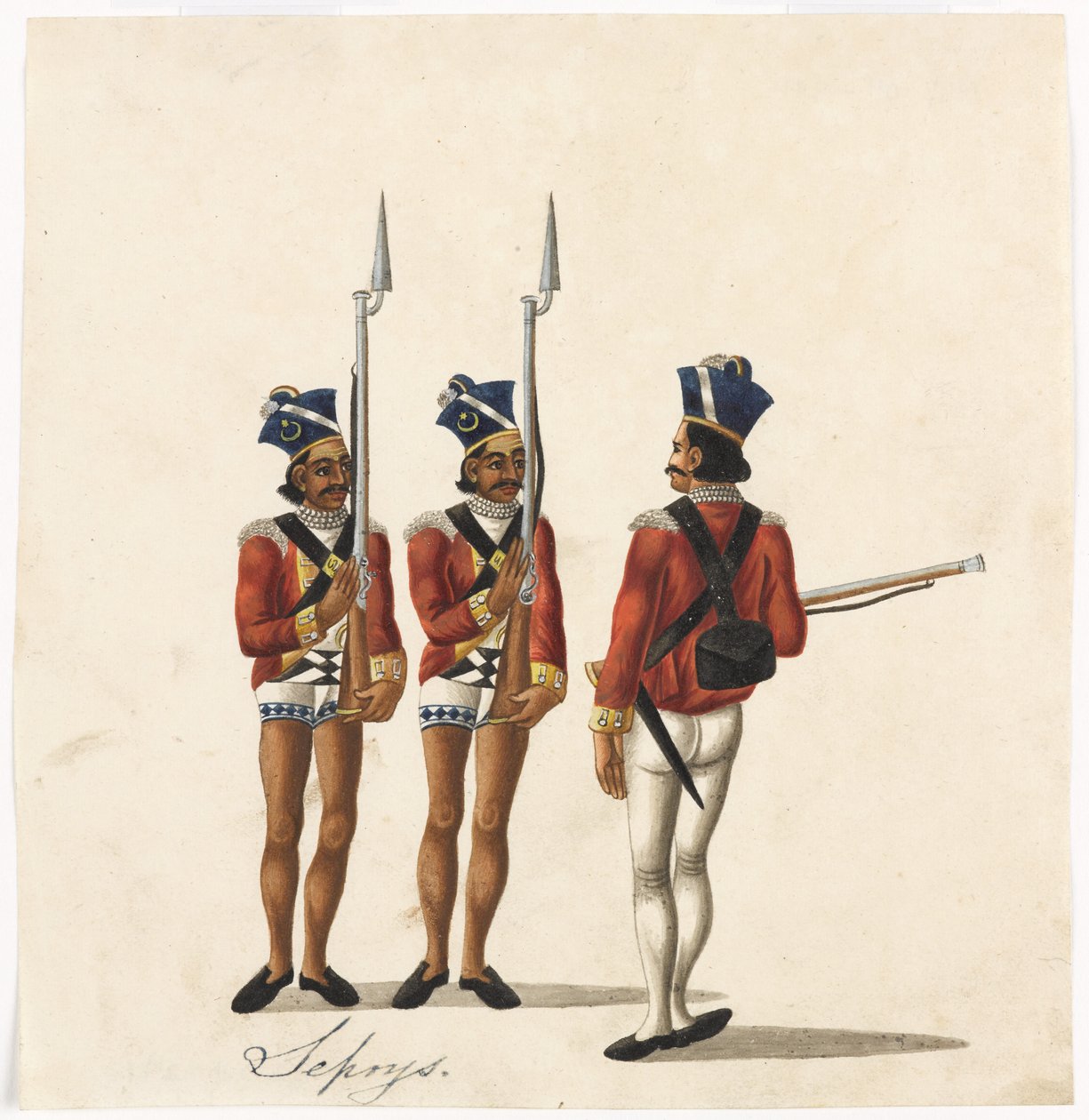 Sepoys and an Indian Officer, Bengal Army, c.1815 (aguarela sobre papel) de Indian School