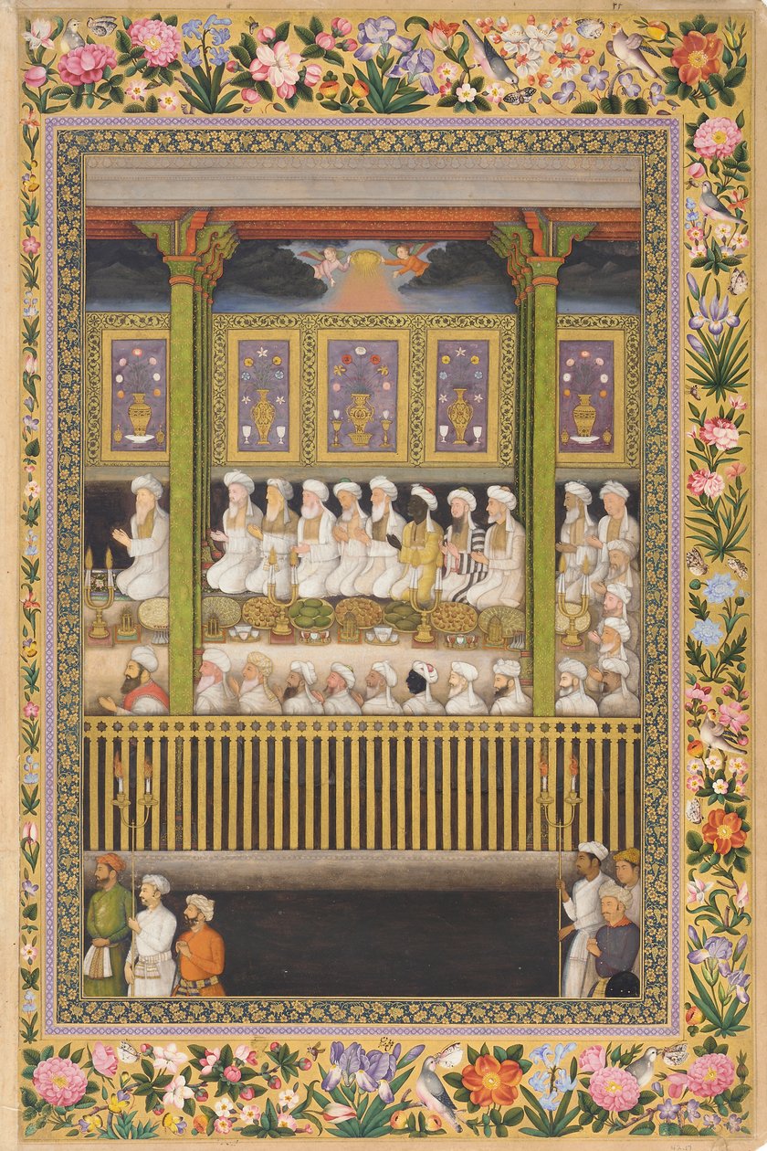 Shah Jahan homenageia a ortodoxia religiosa, página do Álbum de São Petersburgo, c.1635 (aquarela opaca e ouro sobre papel) de Indian School