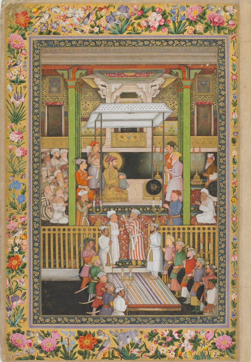 Shah Jahan homenageia a ortodoxia religiosa, página do Álbum de São Petersburgo, c.1635 (aquarela opaca e ouro sobre papel) de Indian School