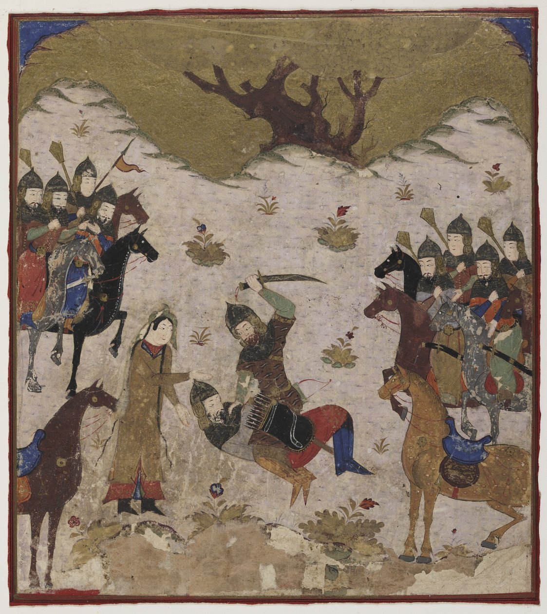 Shahru identifica Burzu como neto de Rustam durante o combate final entre Rustam e Burzu, c.1425-50 (aquarela opaca e ouro no papel de Indian School