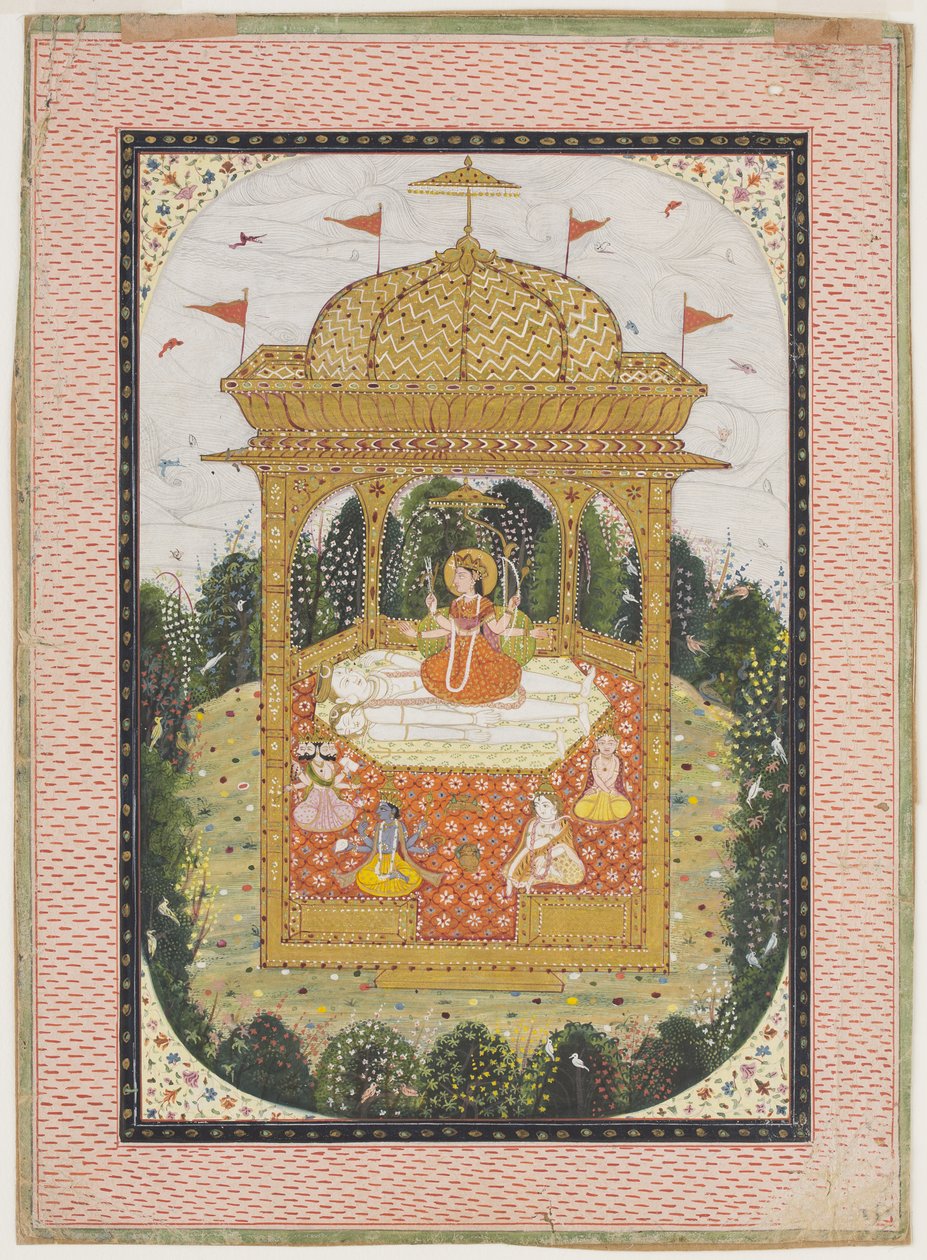 Shakti com Shiva e outros deuses em um templo, c.1780 (guache e dourada no papel) de Indian School
