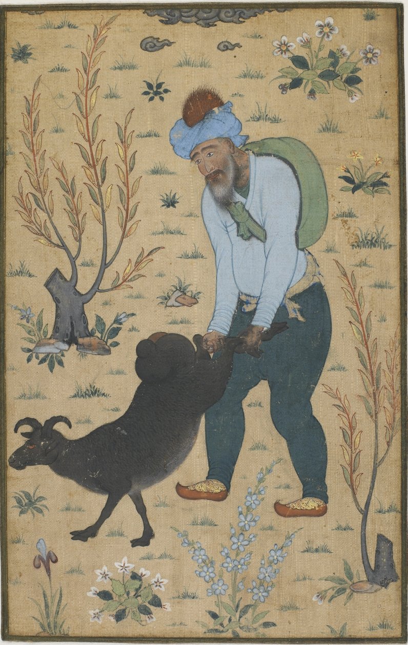 Pastor e cabra, dinastia Mughal (cor de algodão) de Indian School