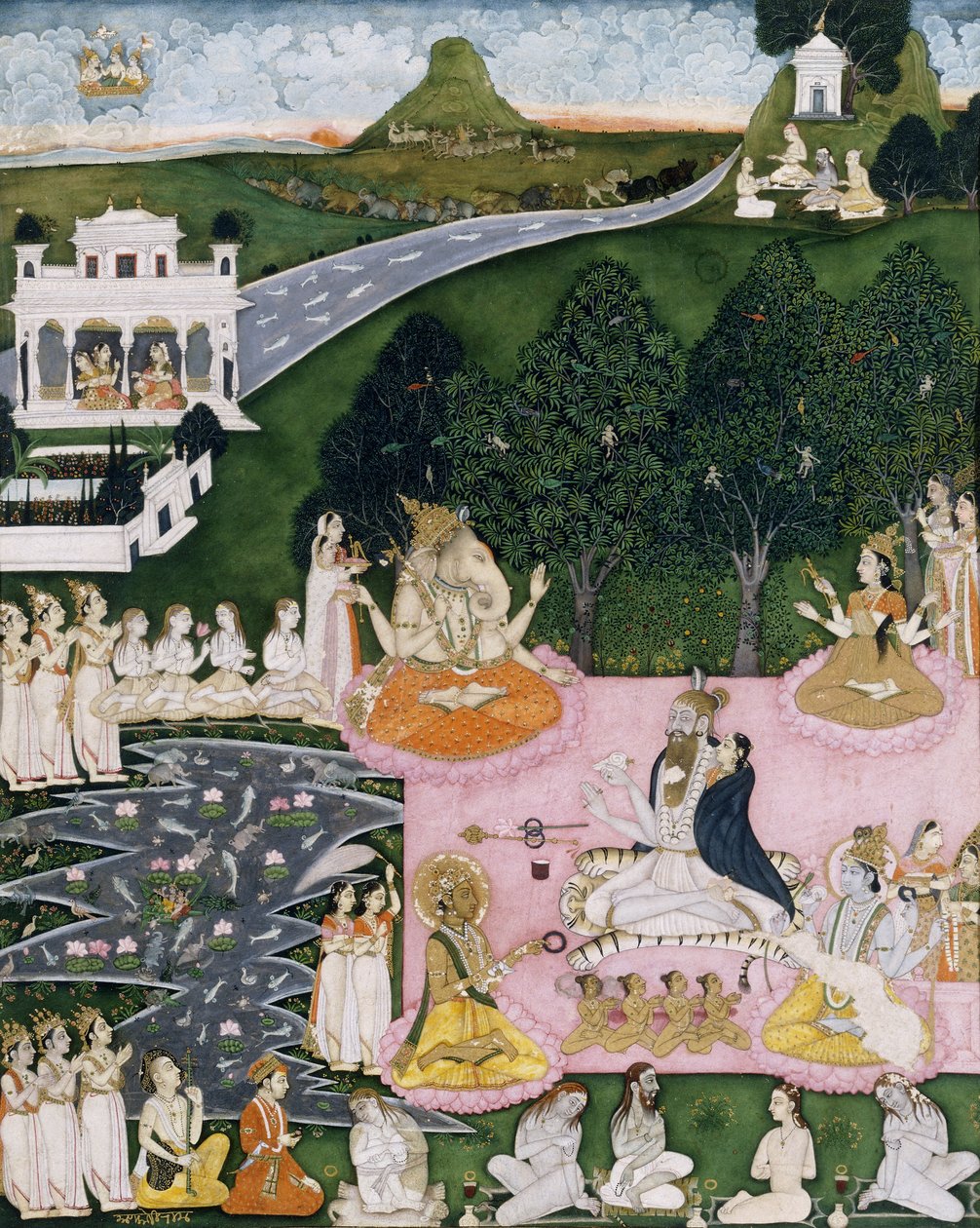Shiva sentado em uma pele de tigre, mantém Devi embrulhado em uma capa, c.1760 de Indian School
