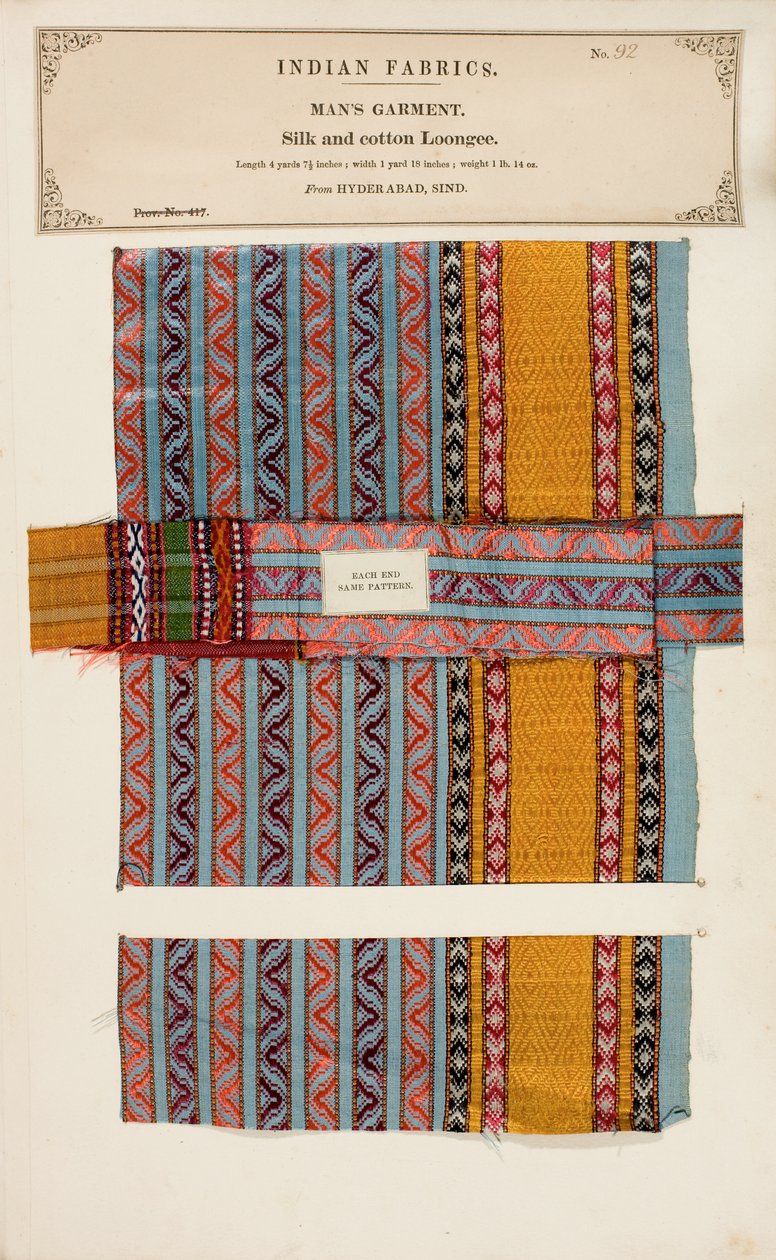 Amostra Loongee de seda e algodão de Hyderabad in Sind, de The Collection of the Textile Manufacturers of India, de John Forbes Watson, publicada em 1866 de Indian School