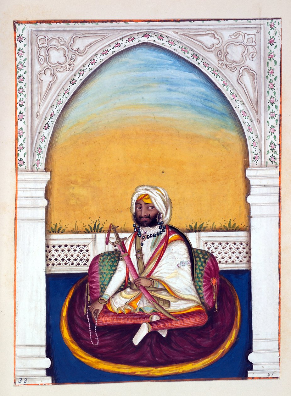 Sirdar Jowahir Singh, do Reino do Punjab, seus Governantes e Chefes, volume II, um volume de 30 estudos em aquarela de um artista indiano não identificado, c.1840 (wc no papel) de Indian School