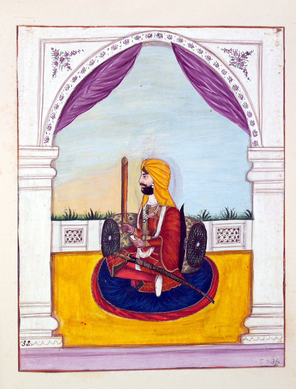 Sirdar Runjodh Singh (Majithia), do Reino do Punjab, seus Governantes e Chefes, volume II, um volume de 30 estudos em aquarela de um artista indiano não identificado, c.1840 (wc no papel) de Indian School