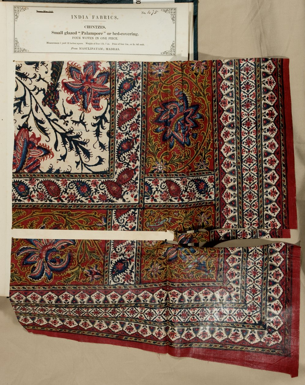 Pequena palampa de vidro ou amostra de cobertura de cama de Masulipatam em Madras, da Coleção de Fabricantes Têxteis da Índia, de John Forbes Watson, publicada em 1866 de Indian School
