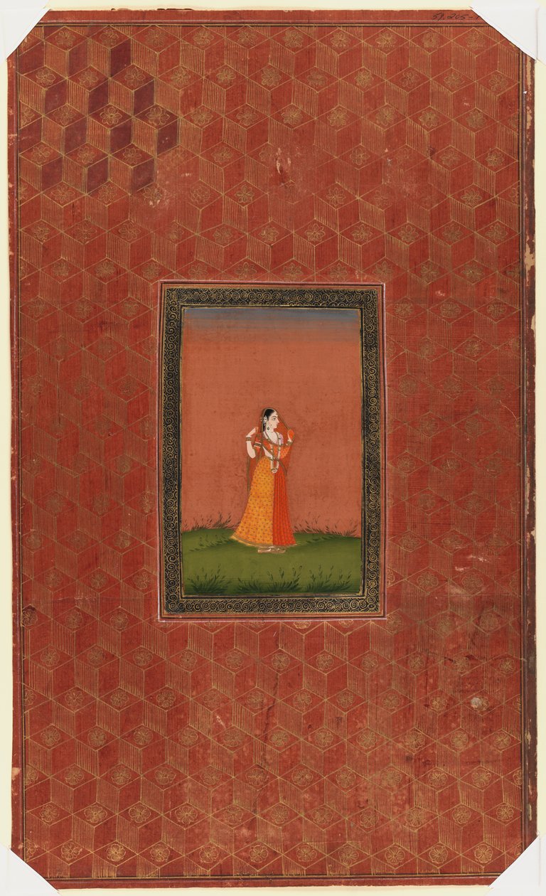 Mulher em pé, 1875-1900 (wc opaca e ouro em papel) de Indian School