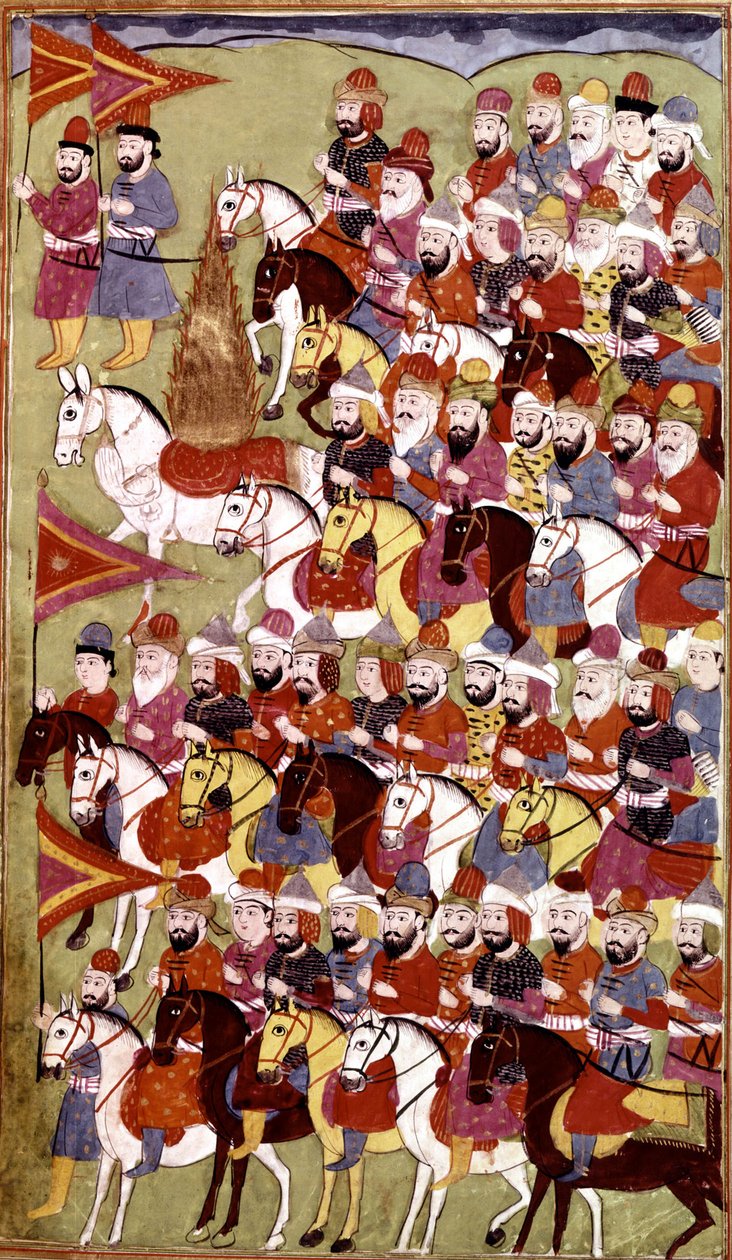 História do Profeta Muhammad, Hamla-i-Haydari, de Mirza Muhammad Rafi Bazil, 1808 (tinta e cores sobre papel) de Indian School