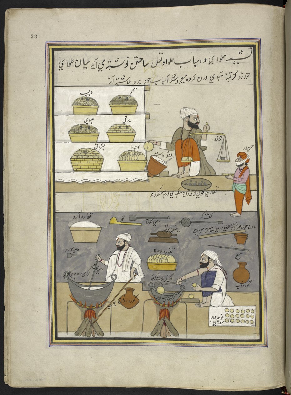 Docerias,  86 desenhos encadernados em um volume representando ofícios e ocupações na Caxemira, artesãos são mostrados trabalhando com seus implementos e equipamentos,  Por um artista da Caxemira, provavelmente em Srinagar, c.1850-60 (guache sobre papel) de Indian School