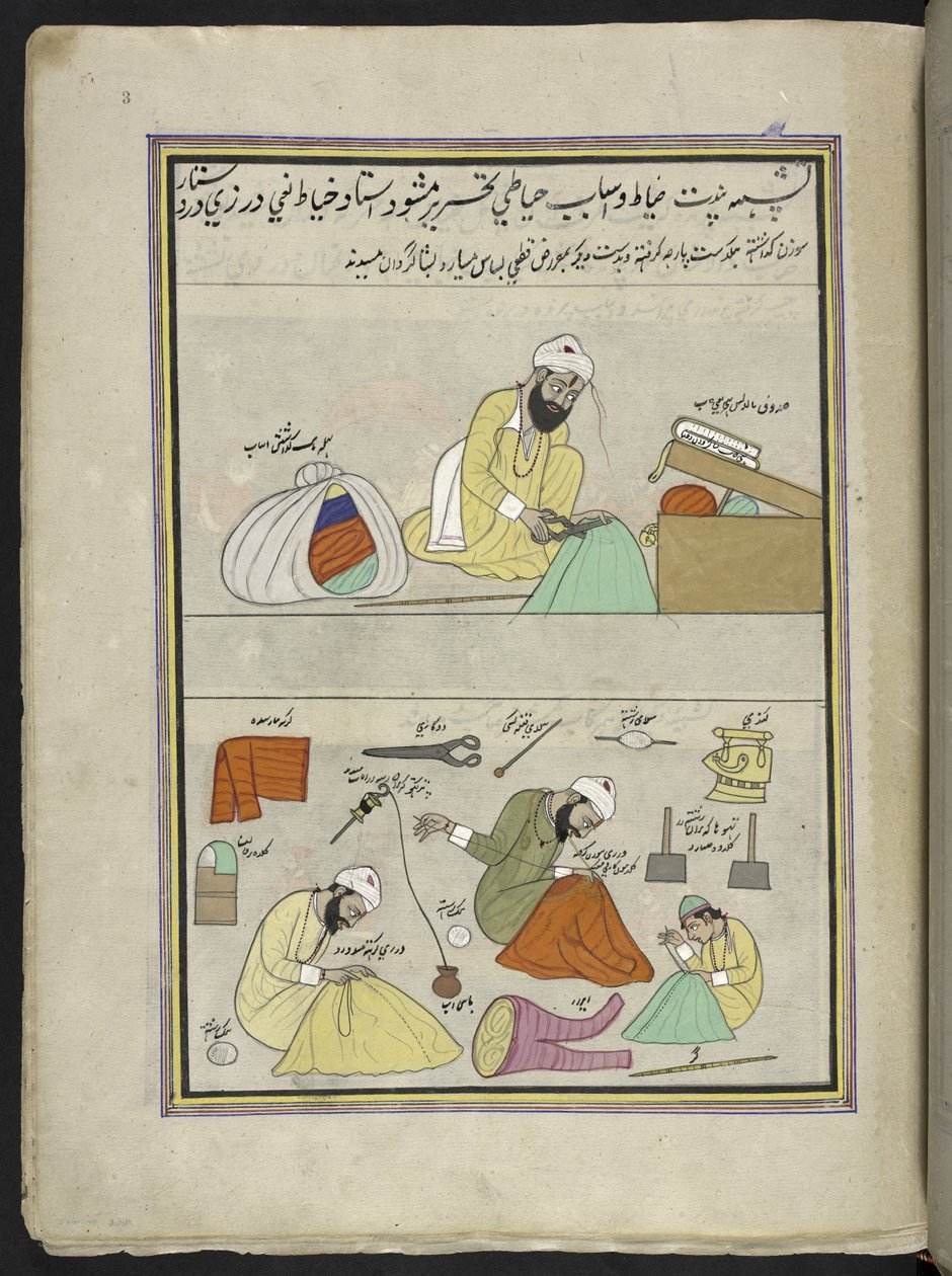Alfaiates,  86 desenhos encadernados em um volume representando ofícios e ocupações na Caxemira, artesãos são mostrados trabalhando com seus implementos e equipamentos,  Por um artista da Caxemira, provavelmente em Srinagar, c.1850-60 (guache sobre papel) de Indian School