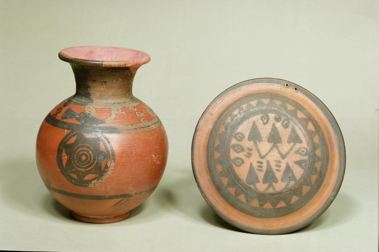 Pote de terracota e tampa, do cemitério H em Harappa, Vale do Indo, 1500 aC-1200 aC (terracota) de Indian School