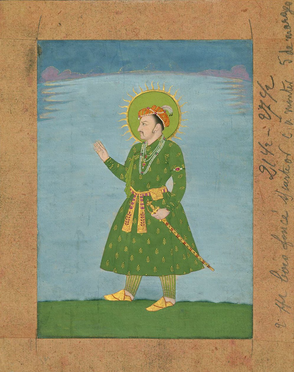 O 4º Imperador Mughal Jahangir (r. 1605-1627), c. pintura em miniatura do início do século 17 (tinta e pigmentos em papel pardo) de Indian School
