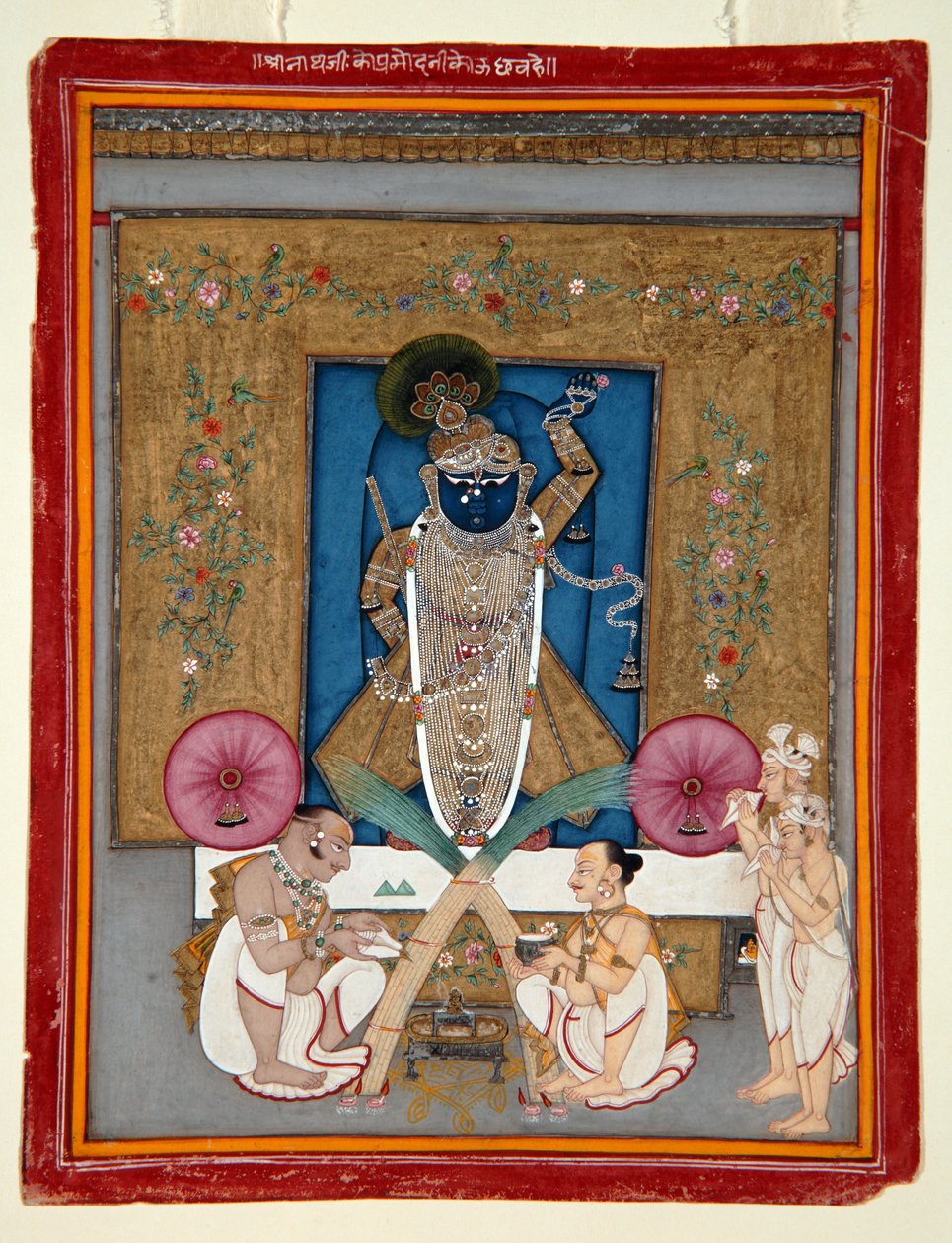 A adoração de Krishna como Shrinath ji, 1800-25 (wc opaca e ouro no papel) de Indian School