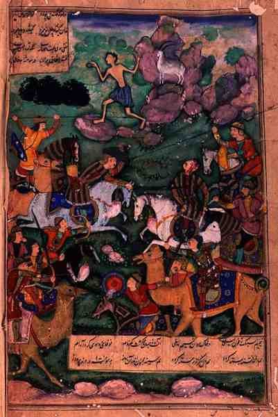 A Batalha dos Clãs, fólio 15b do poema Layla e Majnun, escrito por Amir Khusrau Dihlavi (1253-1325) baseado na história do Khamsa (Quinteto) de Nizami, Mughal, 1600 de Indian School