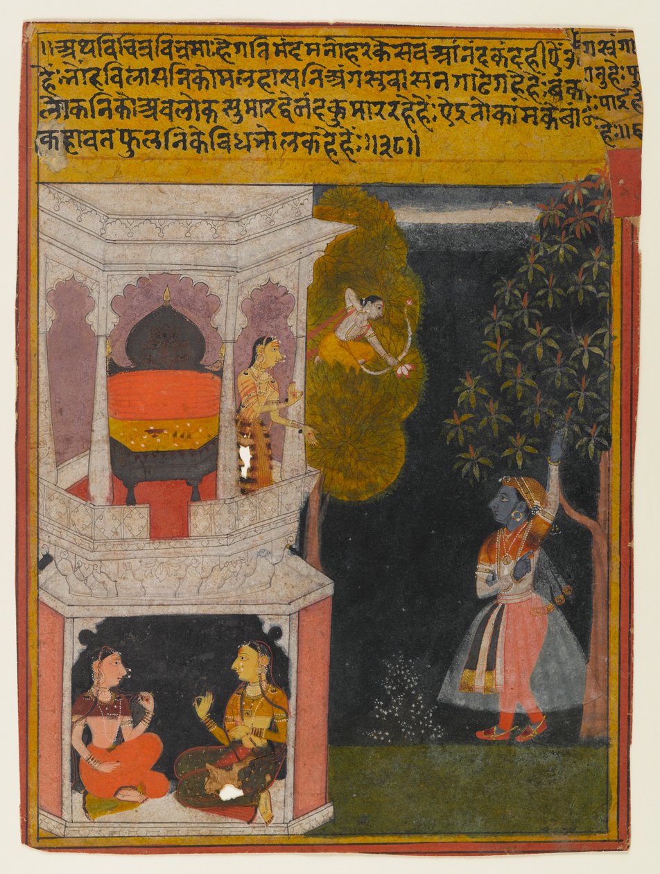 O Nayika Perplexo, Página de uma Série Rasikapriya, c.1660-1690 (wc opaca e ouro no papel) de Indian School