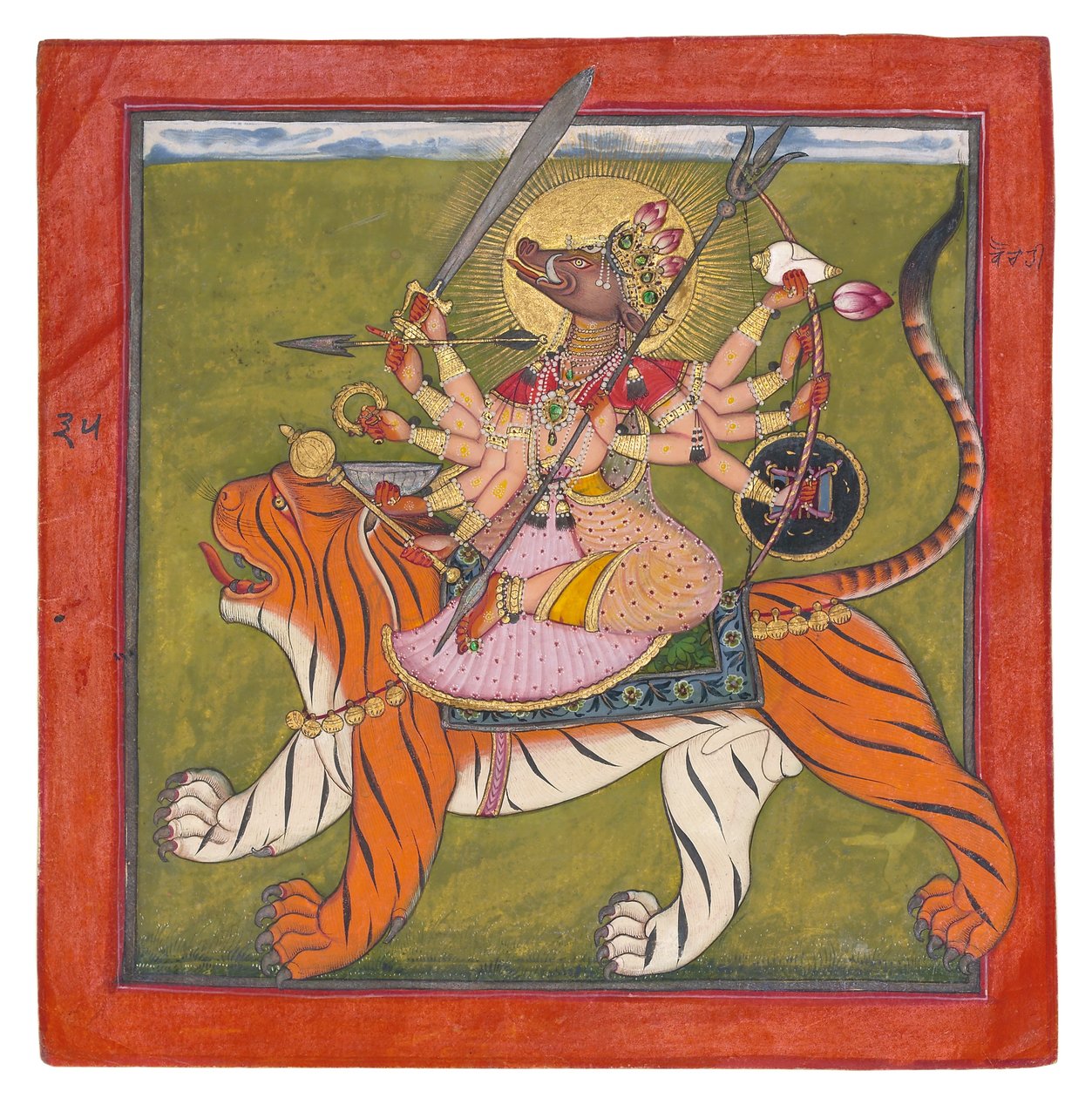 A Deusa de cara de javali, Varahi, c.1660-70 (wc opaco, ouro, carapaças de besouro no papel) de Indian School