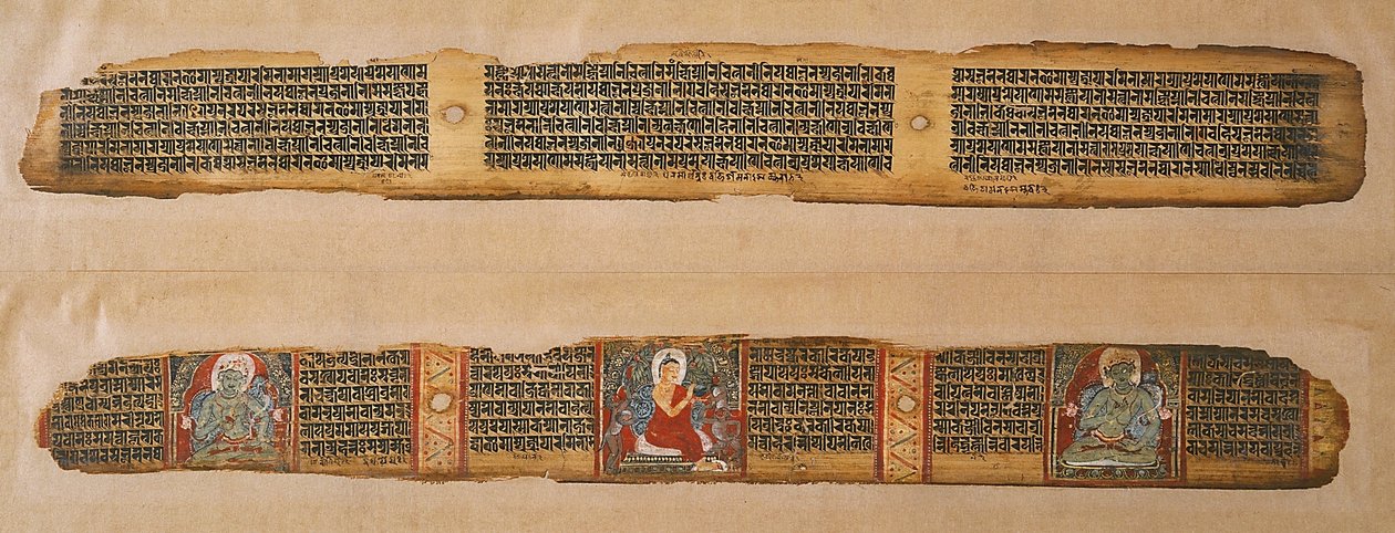 O Buda distribui mel, de um manuscrito Prajnaparamita, Bengala Ocidental (aquarela opaca e tinta na folha de palmeira) de Indian School