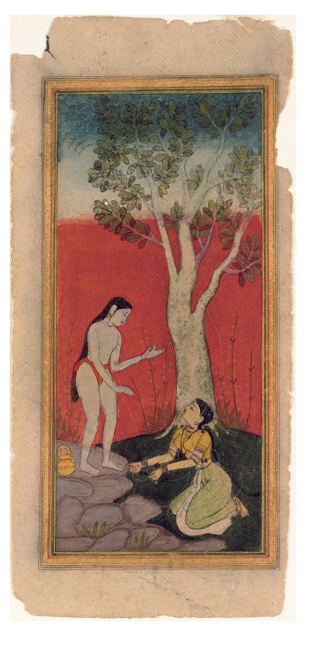 A Ninfa Celestial Invoca o Sábio, c.1600 (wc opaco e ouro no papel) de Indian School