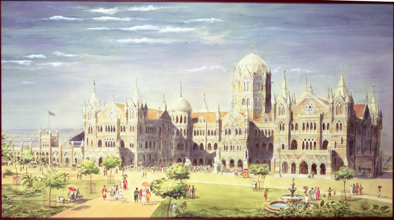 Estação Chatrapati Shivaji Terminus, Mumbai, Índia, 1900 (bodycolour on paper) de Indian School