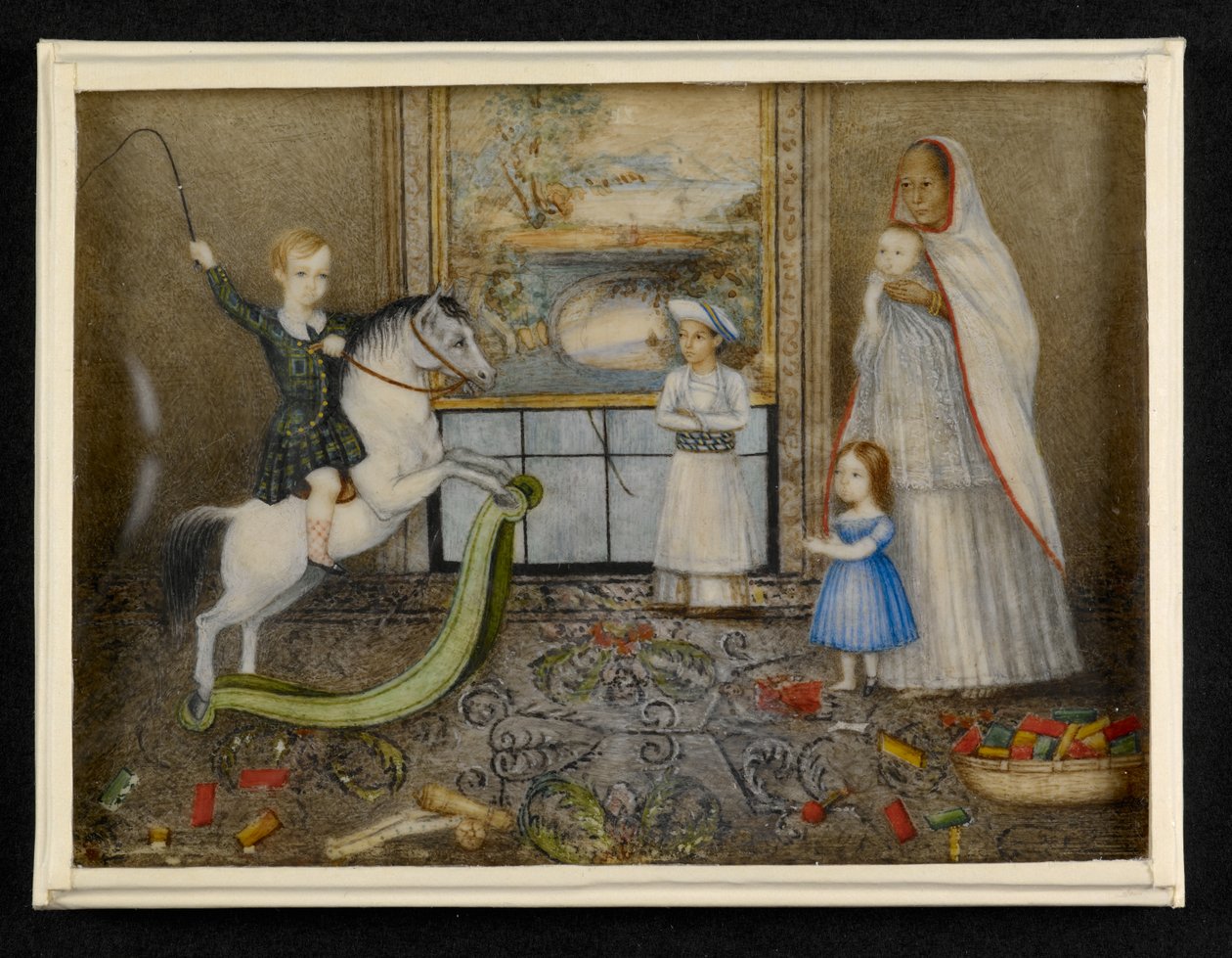 As Crianças de Sir John e Lady Login com o seu Ayah e companheiro de brincadeira indiano, c.1846 (aguarela sobre marfim) de Indian School