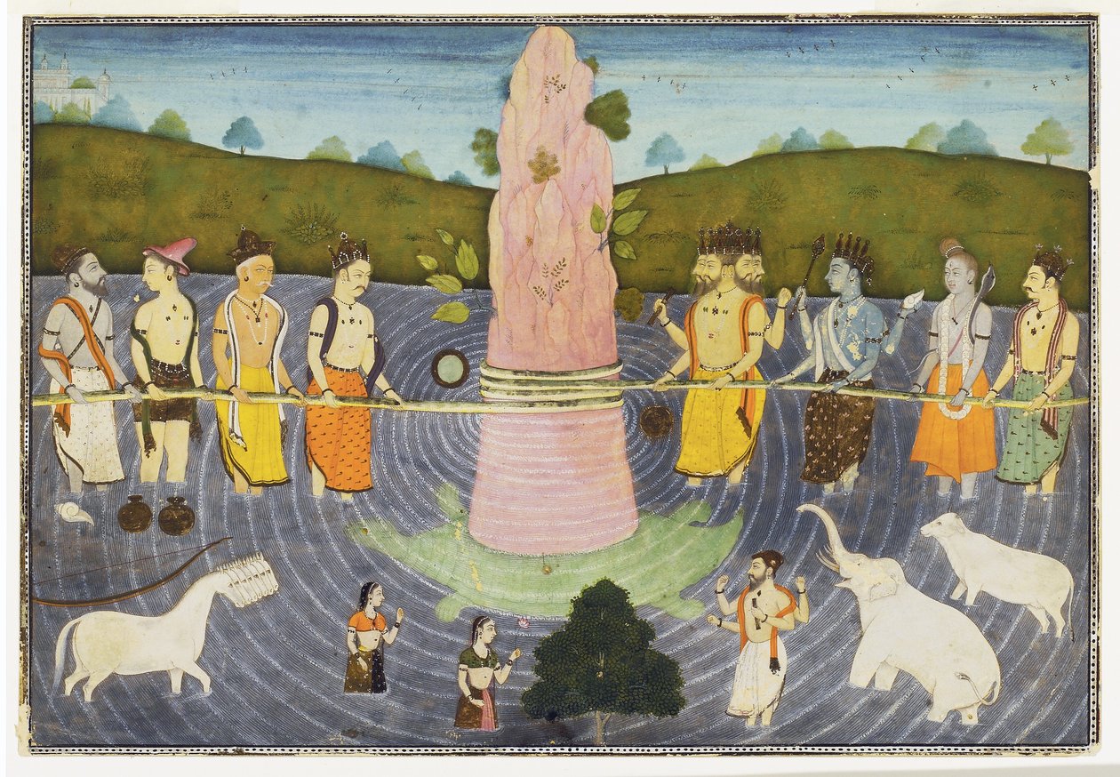 A agitação do oceano de leite, c.1700 (wc e ouro opaco) de Indian School