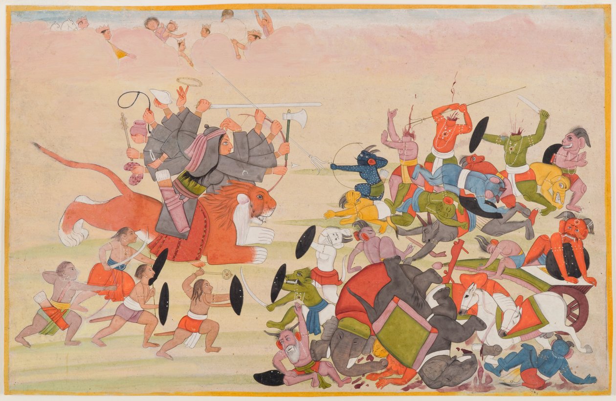 O Devi derrota Mahishasura, folio de uma série dispersa de Devi Mahatmya, c.1770-80 (wc no papel) de Indian School