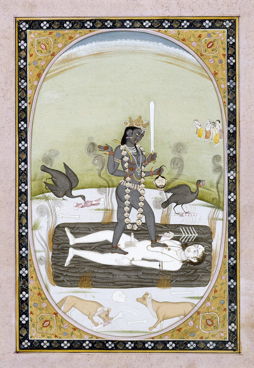 A Deusa Kali representada em uma pintura Kangra, Himachal Pradesh, c.1820-5 (aquarela opaca e tinta dourada sobre papel) de Indian School