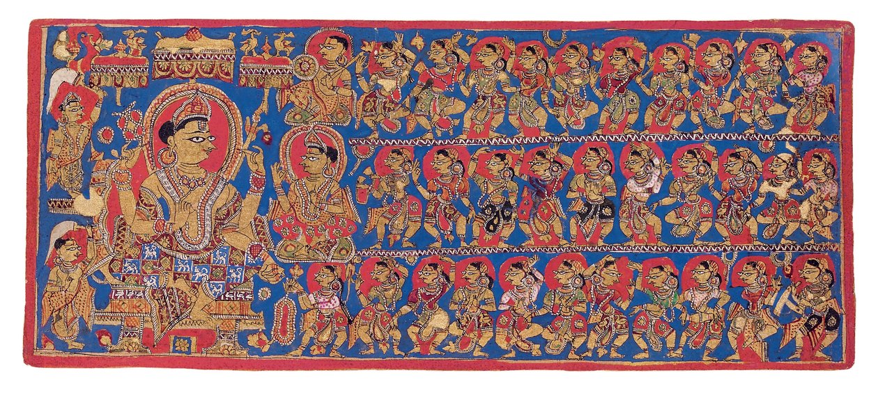 A Corte Celestial de Indra, do Kalpasutra &39;Devasanaparo Bhandar&39;, c.1475 (aquarela opaca e ouro sobre papel) de Indian School